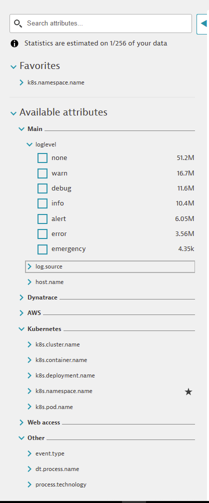 Fields Tab in Dynatrace Log Viewer